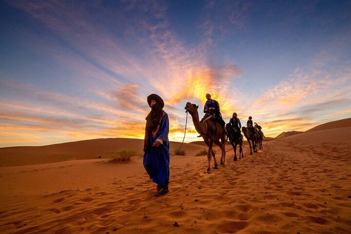 Caravane de chameaux dans le désert de Merzouga au coucher du soleil